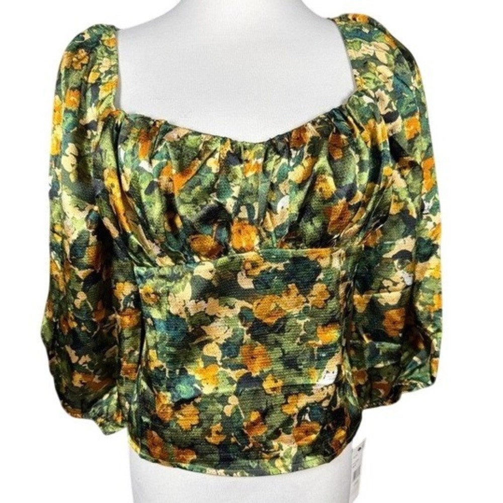 IN San Francisco Womens‎ Green Floral Satin Puff Sleeve Smocked Blouse 104244G L